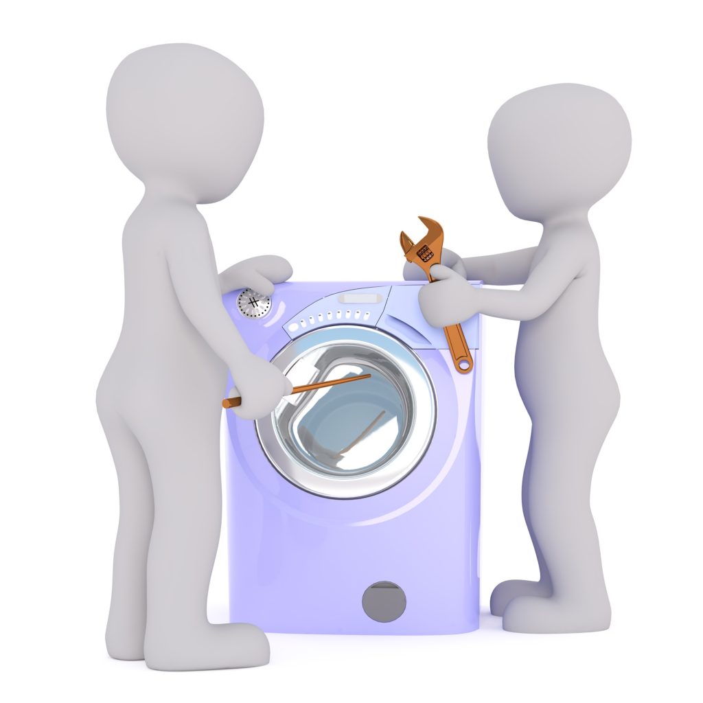 zwei weisse Maennchen mit Werkzeug und einer Waschmachine